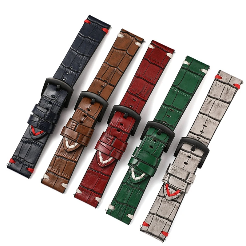 Vintage Calfskin Genuine Leather Watchband 20mm 22mm Hand-stitched Strap Bamboo Pattern Quick Release for Watch Accessories