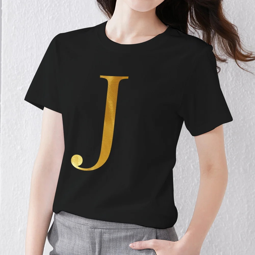 Street Women Clothing T-shirt Casual Slim Top Initial Name Gold Letter Print Ladies Fashion Round Neck Black Short Sleeve Top