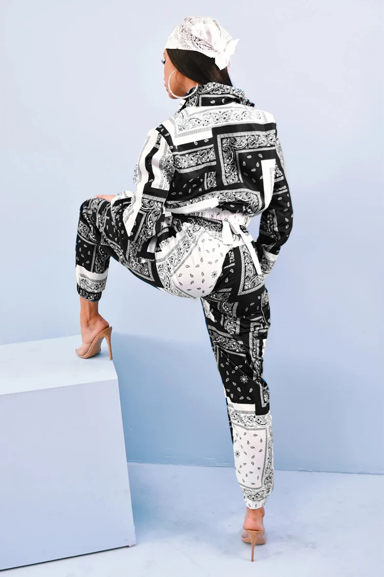 Bandana Print Two Piece Set Causal Paisley Print Long Sleeve Zippers Short Jacket Tops Jogger Pants Suit Outfit Street Tracksuit