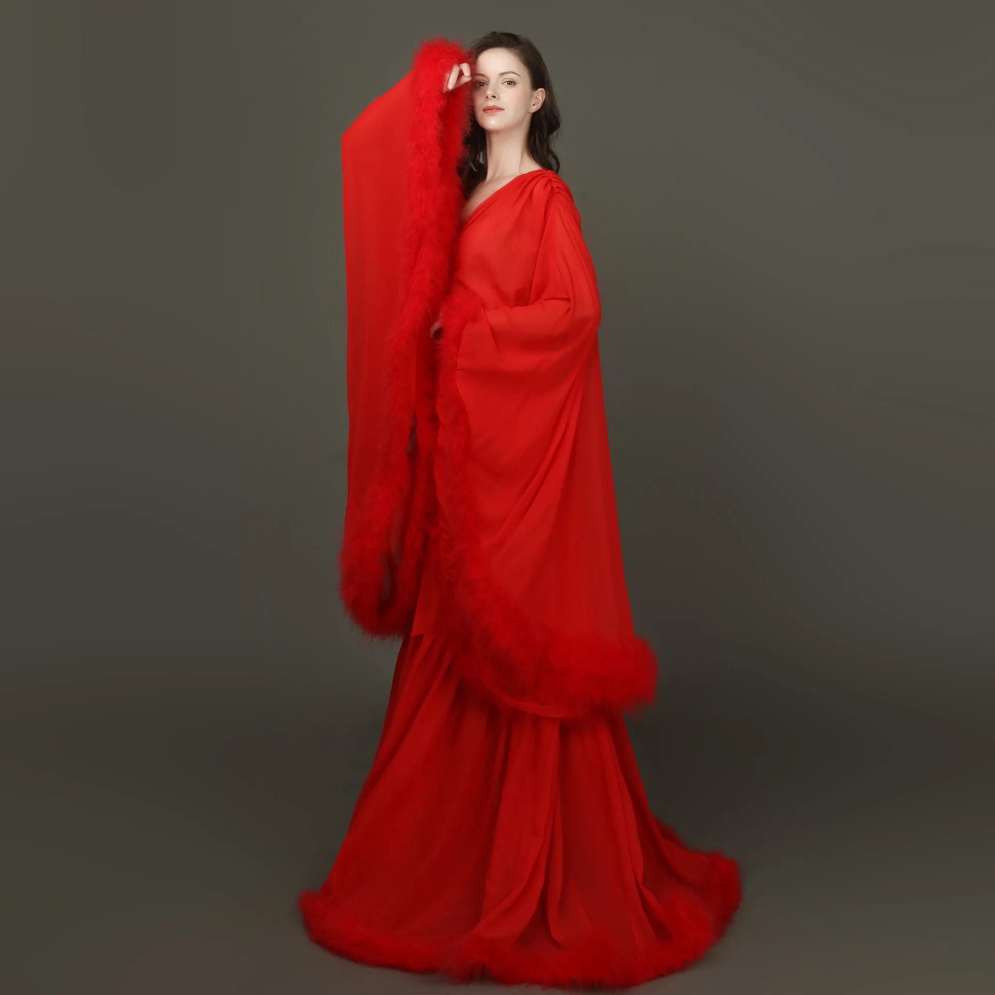 Feather Wedding Shawls Photo Robe With Belt Big Cuffs Night Gown For Women Long Sleeve Custom Made Woman Baby Shower Pajamas view 4