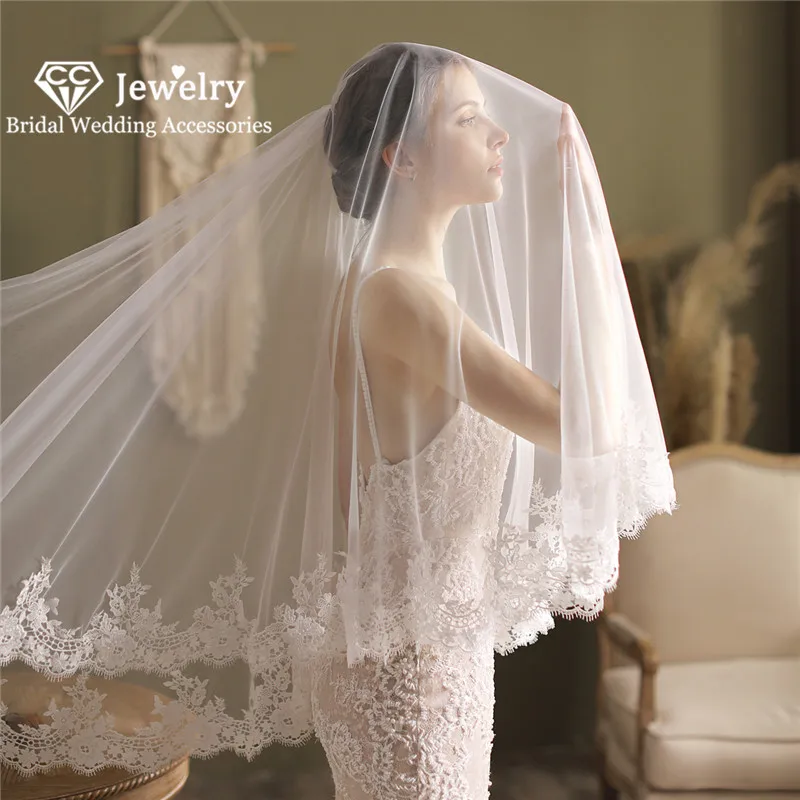 

CC Wedding Veils for Women Bridal Hairwear Engagement Jewelry 100% Handmade Lace Appliqued Veil Purfle Elegant Double Layer V817