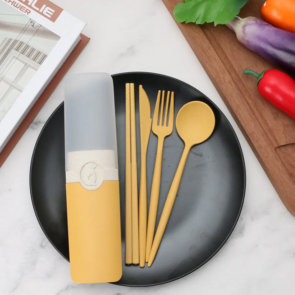 Portable Reusable Spoon Fork Chopsticks Knife Wheat Straw Tableware Cutlery Set Travel Picnic Camping Dinnerware Kits