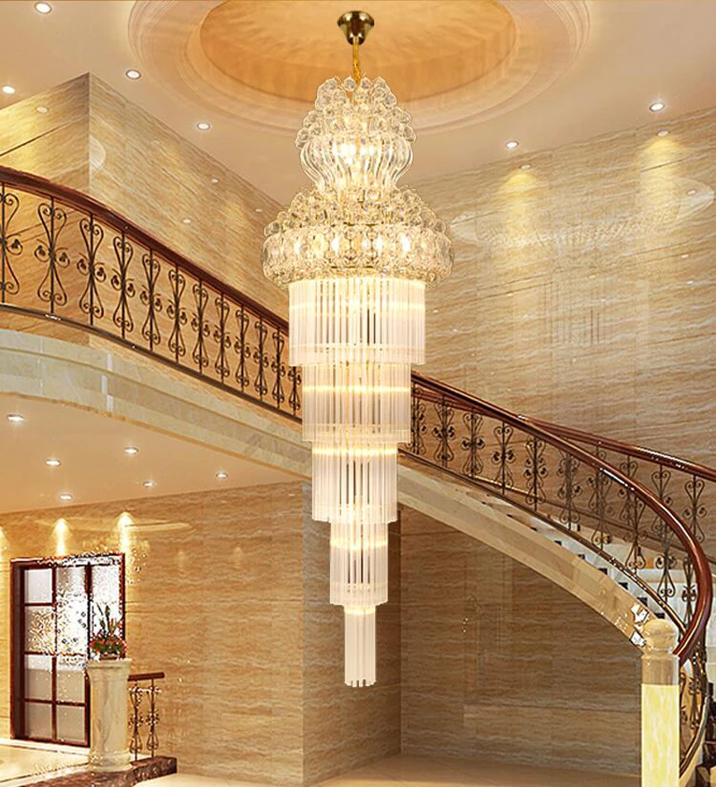 Modern Villa Revolving Staircase Crystal Chandelier European Long Duplex Building Hanging Lighting Ceiling Mounted Living Room