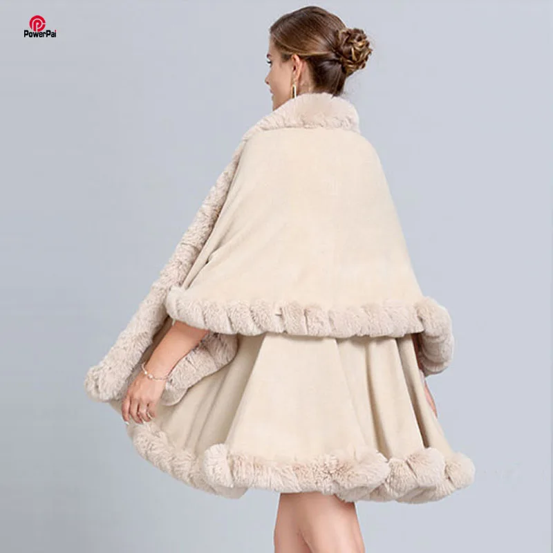 Fashion Full Handcraft Trim Rabbit Fur Coat Cape Women Double Layer Knit Cardigan Faux Fur Shawl Cloak Fall Winter Wraps Warm