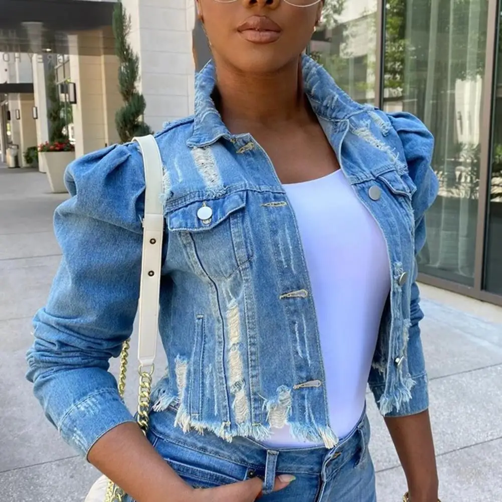 

Denim Jacket Washed Ripped Sexy Puff Sleeve Turndown Collar Single-breasted Jean Coat Streetwear