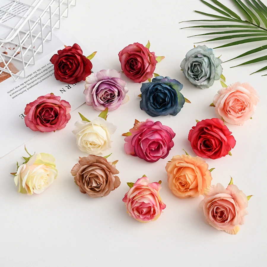 10Pcs Artificial Flowers Silk Roses Head Home Wedding Decoration Garland Palnts Wall Christmas Diy Scrapbooking Craft Supplies