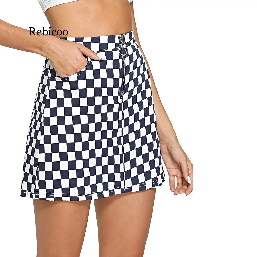 

Summer Sexy Mini Skirt Zipper Checkered Skirts High Waist Skirt Womens Short Bottom Saia Gothic