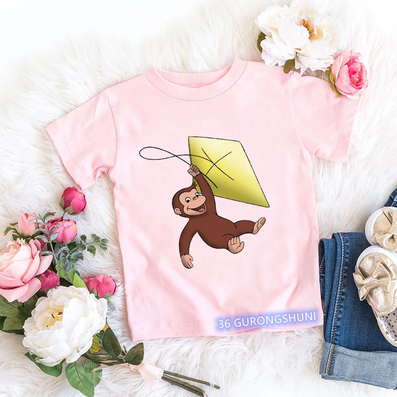 Kawaii girls t-shirts Curious George Cartoon monkey print children's clothing summer tees girls tshirts pink short-sleeved tops