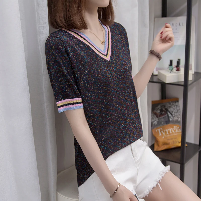 Shiny Lurex 2023 Spring Summer V Neck striped Sweater Women Casual Short Sleeve Pullover Knit Jumper Korean Tops