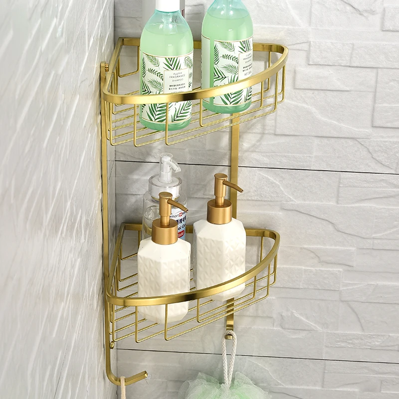 

Triangle Towel Shower Storage Rack Brushed Gold Corner Shelves Wall Mounted Stainless Shampoo Holder Bathroom Shelf With Hook