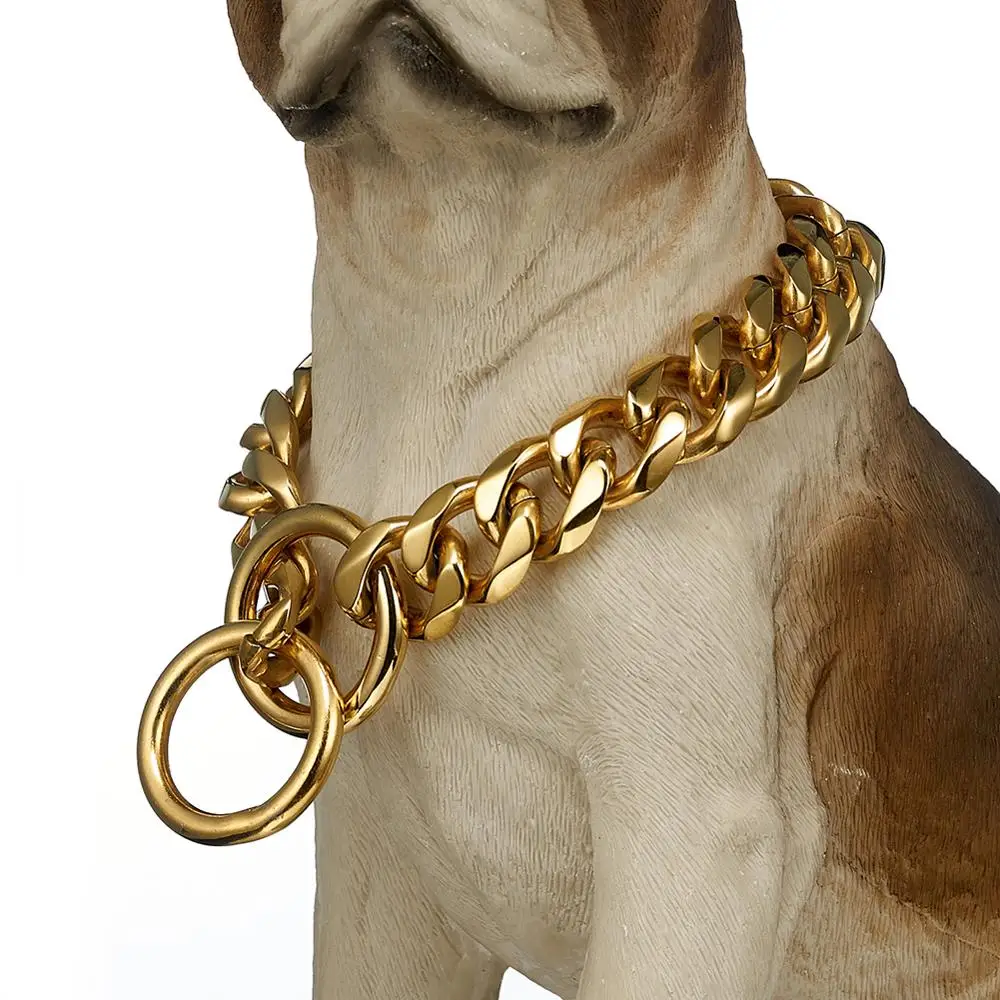 19MM Gold Color Stainless Steel Dog Collar Double Loop Fastener Sturdy And Durable  Wholesale Thick Iron Chain Pet Accessories