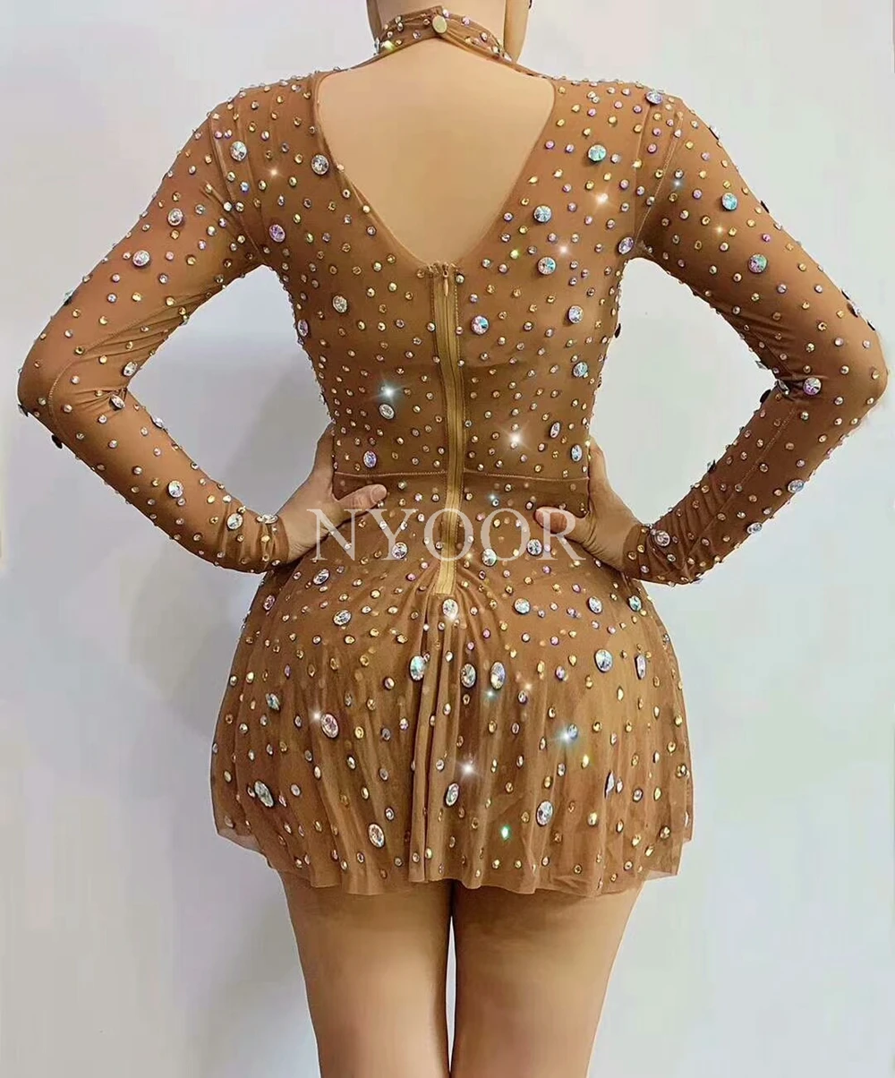 Sexy Transparent Rhinestones Long Sleeve Mini Dress Crystal Dance Costume Women Birthday Celebrate Party Outfit Show Stage Wear