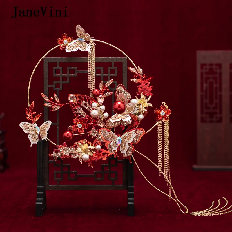 JaneVini 2020 Neueste Designer Chinesische Braut Hand Bouquets Fans Handgemachte Rote Metall Schmetterling Blumen Hochzeit Schmuck Zubehör