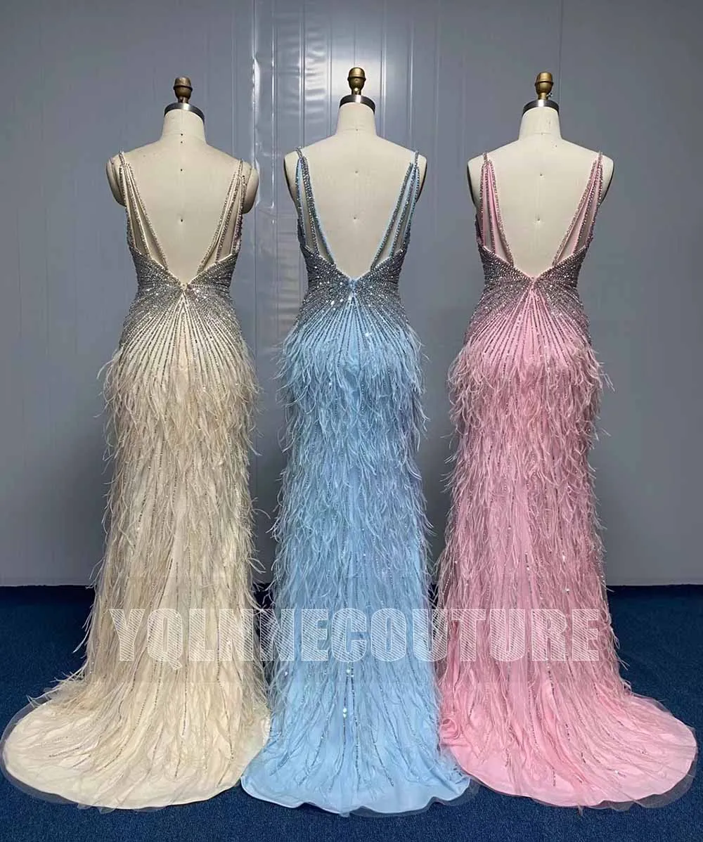 Luxury Ivory Feathers Evening Dresses For Pageant Straps Long Beige Tulle Diamonds Beaded Mermaid Party Gown Competition Women