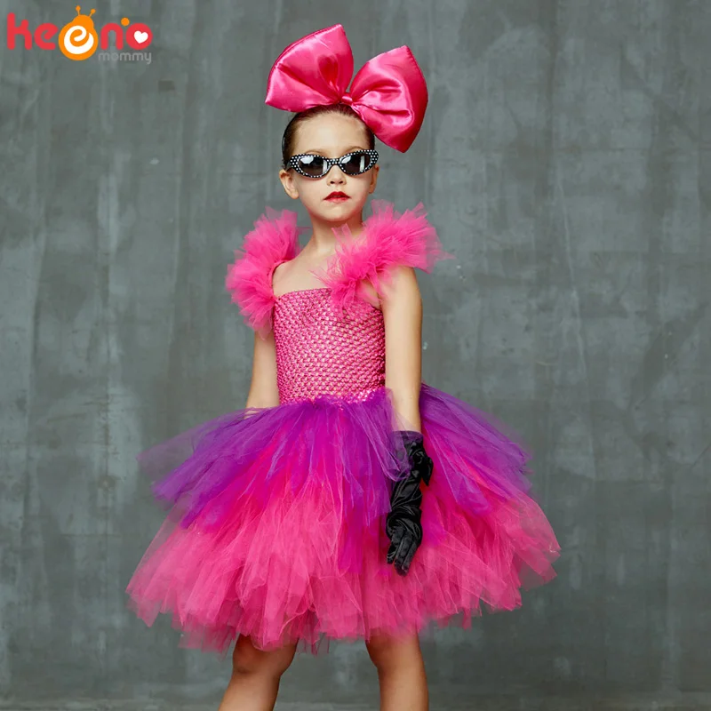 Bright Pink and Purple Tutu Dress with Deluxe Bows and Glasses Girls Punk Rock Tutu Dress Kids Birthday Party Halloween Costume