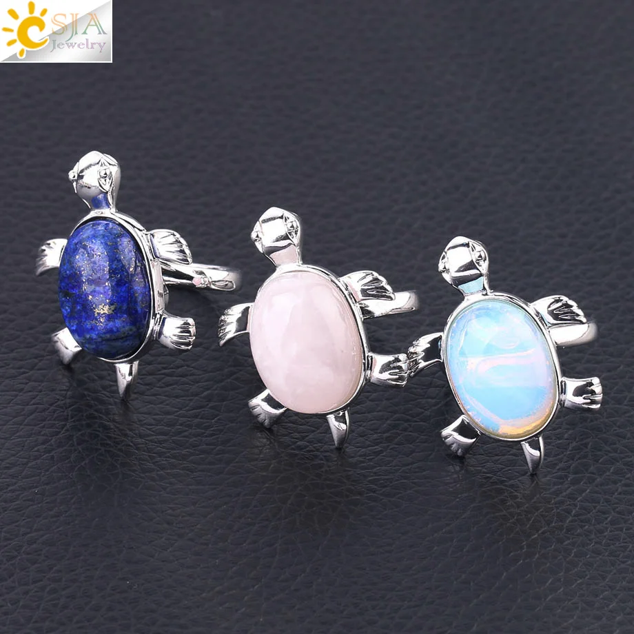 CSJA Women Ring Reiki Natural Crystal Stone Pink Quartz Lapis Silver Color Finger Rings Cute Animal Tortoise Trendy Jewelry F589