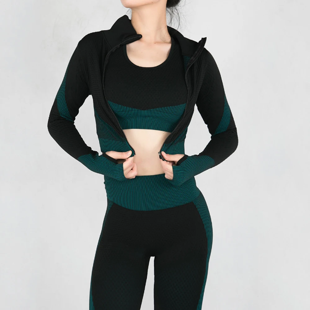 Women Yoga Set Gym Clothing Sport Fitness Suit Running Clothes Zip Long sleeves top+ Leggings Female Seamless Gym Yoga Bra Suits