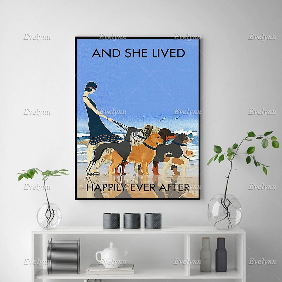 And She Lives Happily Ever After, Girl With Dogs, Beach And Dogs Poster, Wall Art Prints Home Decor Canvas Gift Floating Frame