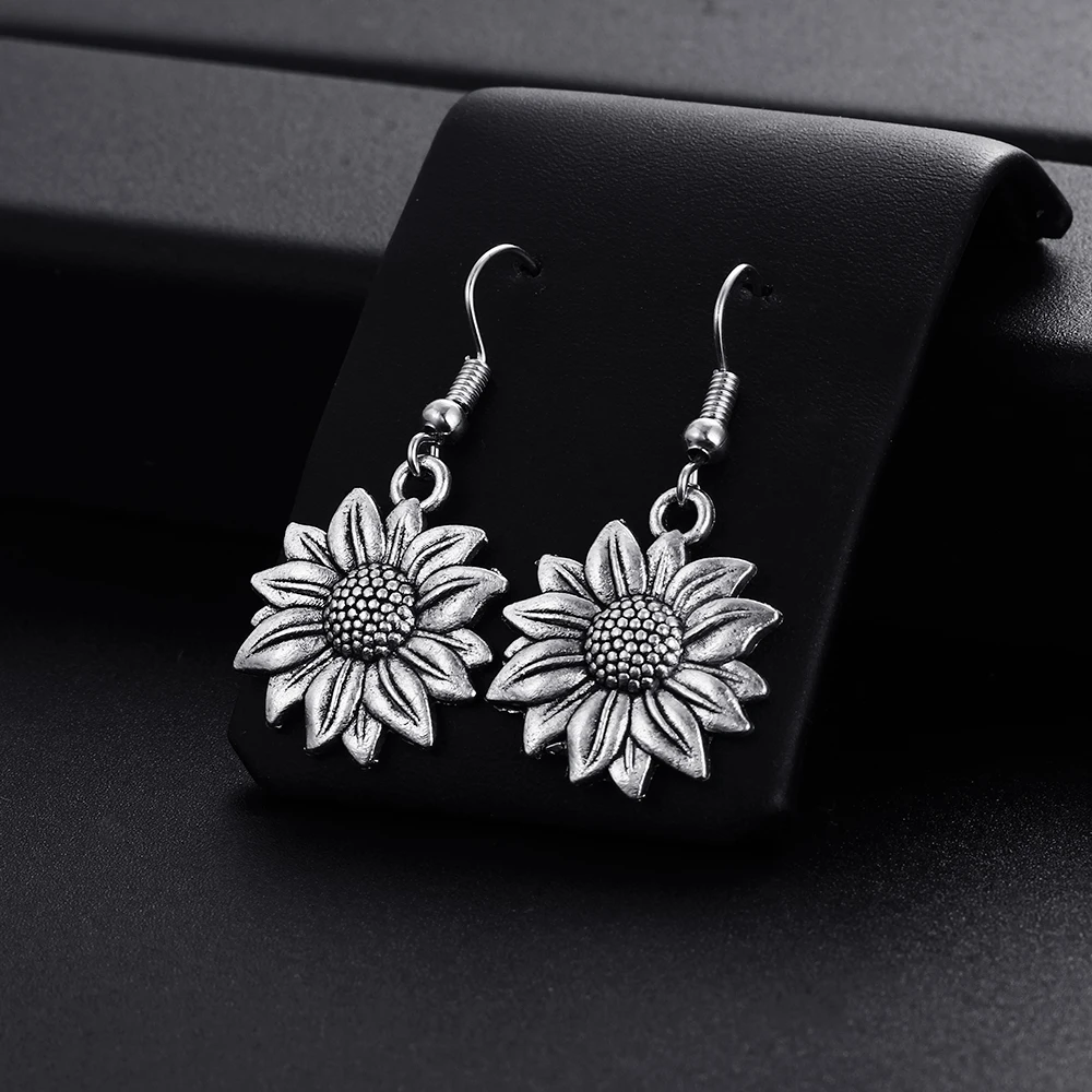 Trendy Vintage Flower Shape Dangle Antique Silver Plated Earrings for Women Girl Retro Drop Earrings Cute Earring Jewelry Bijoux