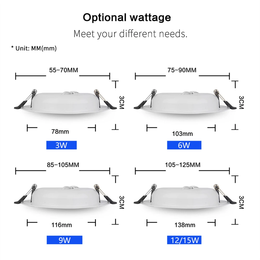 LED Downlight  AC 110V 220V 240V Ceiling Light 3W 6W 9W 12W 18W 30W Recessed Round Panel Lamp  Indoor Spotlight Cold Warm White