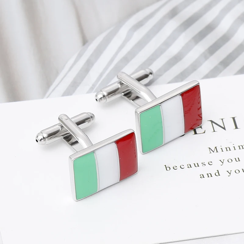 أزرار أكمام بتصميم العلم الإيطالي الرجالي ، أزرار أكمام مربعة باللونين الأحمر والأبيض والأخضر للرجال ، إكسسوارات حفلات العمل