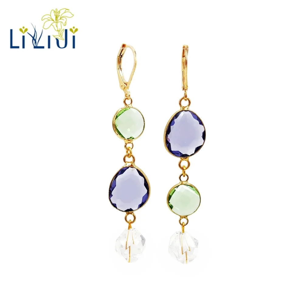 Lii Ji Unique Crystal Quartz 925 Sterling Silver  Gold Color Long Dangle Earrings