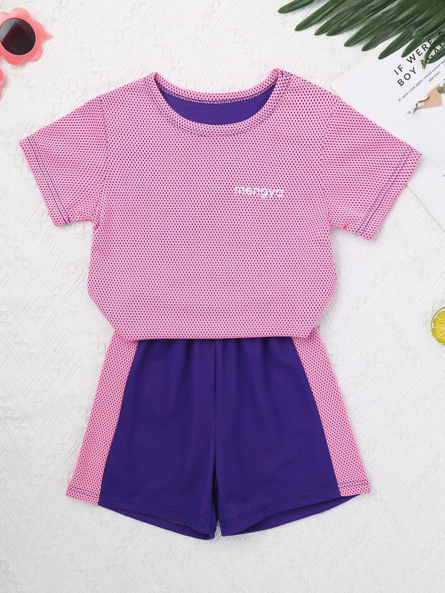 Kids Girls Boys Sport Suit Breathable Net Tracksuit Short Sleeves T-shirt and Shorts Set Quickly Dry Sportswear for Exercise