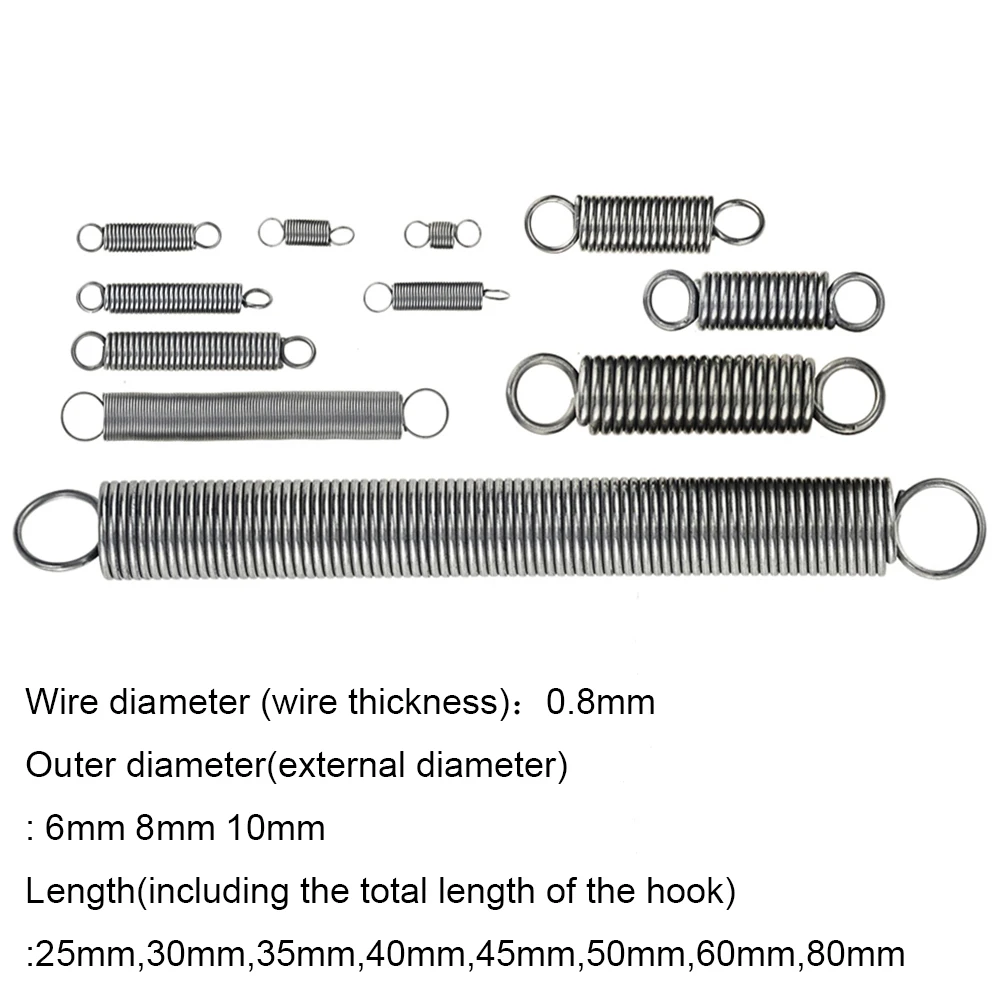 

10PCS 304 Stainless Steel Dual Hook Small Tension Spring Hardware Accessories Wire Dia 0.8mm Outer Dia 6 8 10mm Length 25-80mm