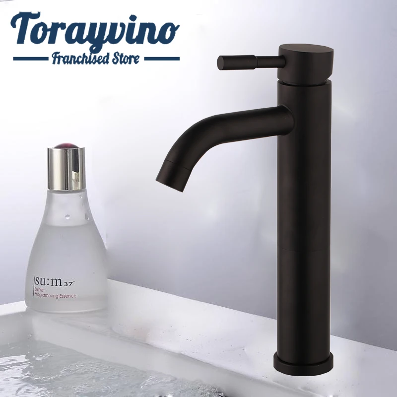 Torayvino Longer Black Brass Faucet Bathroom Basin Faucet Single Handle Cold And Hot Water Mixer Deck Mounted Mixer Tap