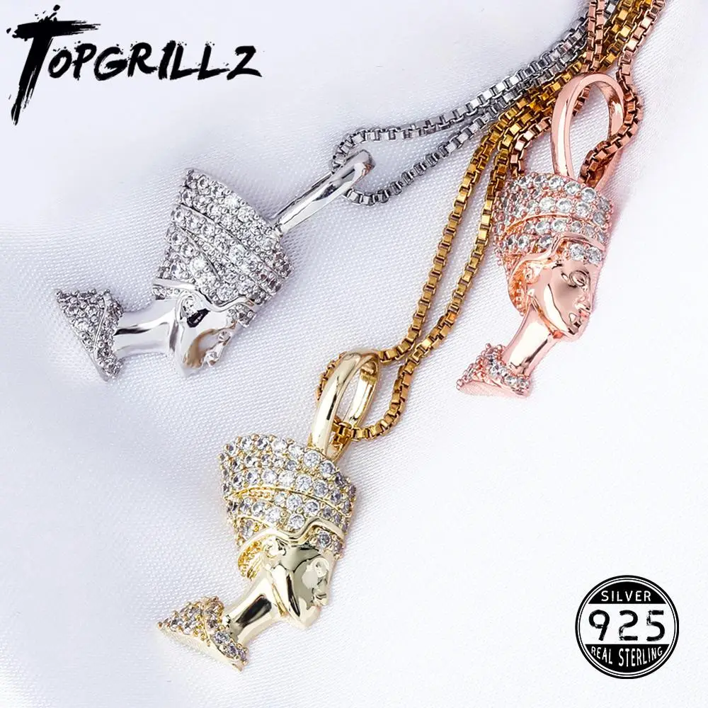 

TOPGRILLZ 925 Sterling Silver Egyptian Pharaoh Pendant Iced Hip Hop Zircon Pendant Fashion Hip Hop Jewelry