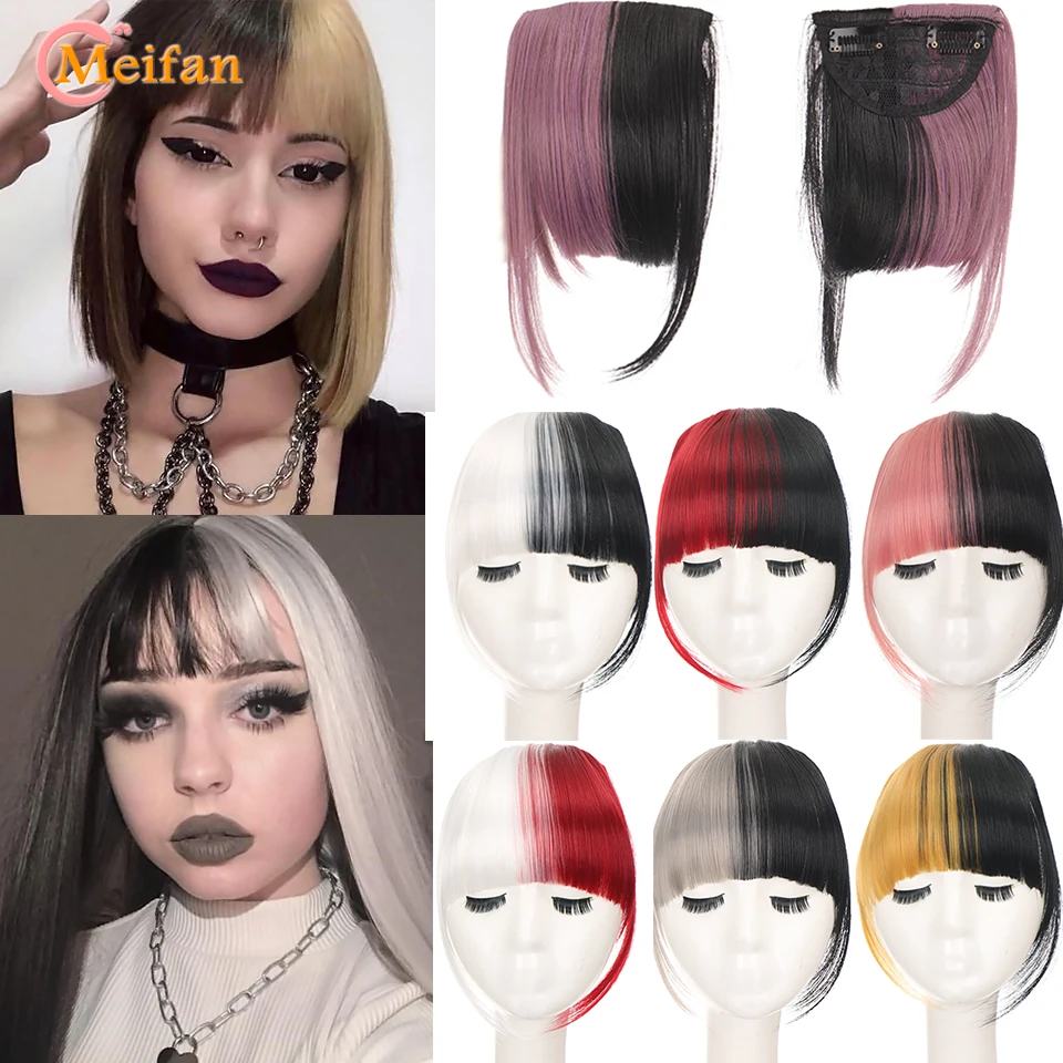 MEIFAN-flequillo corto sintético para mujer, extensiones de cabello postizo Natural, color negro, rojo y rosa