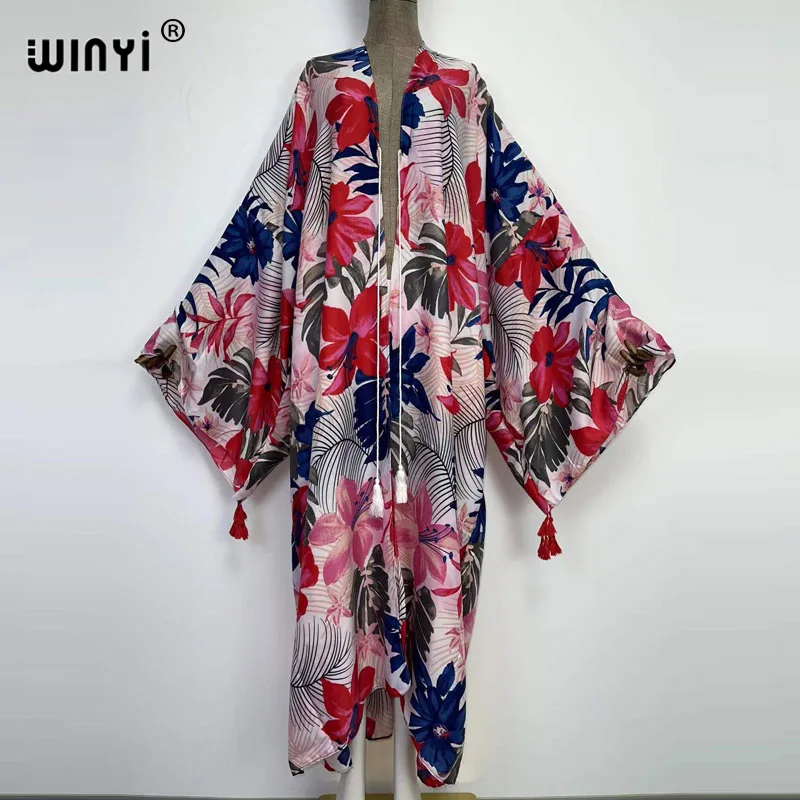 

2022 WINYI sukienka Kaftan Sweet Lady Pink Boho Print Self Belted Front Open Long Kimono Dress Beach Tunic Women Wrap Dresses