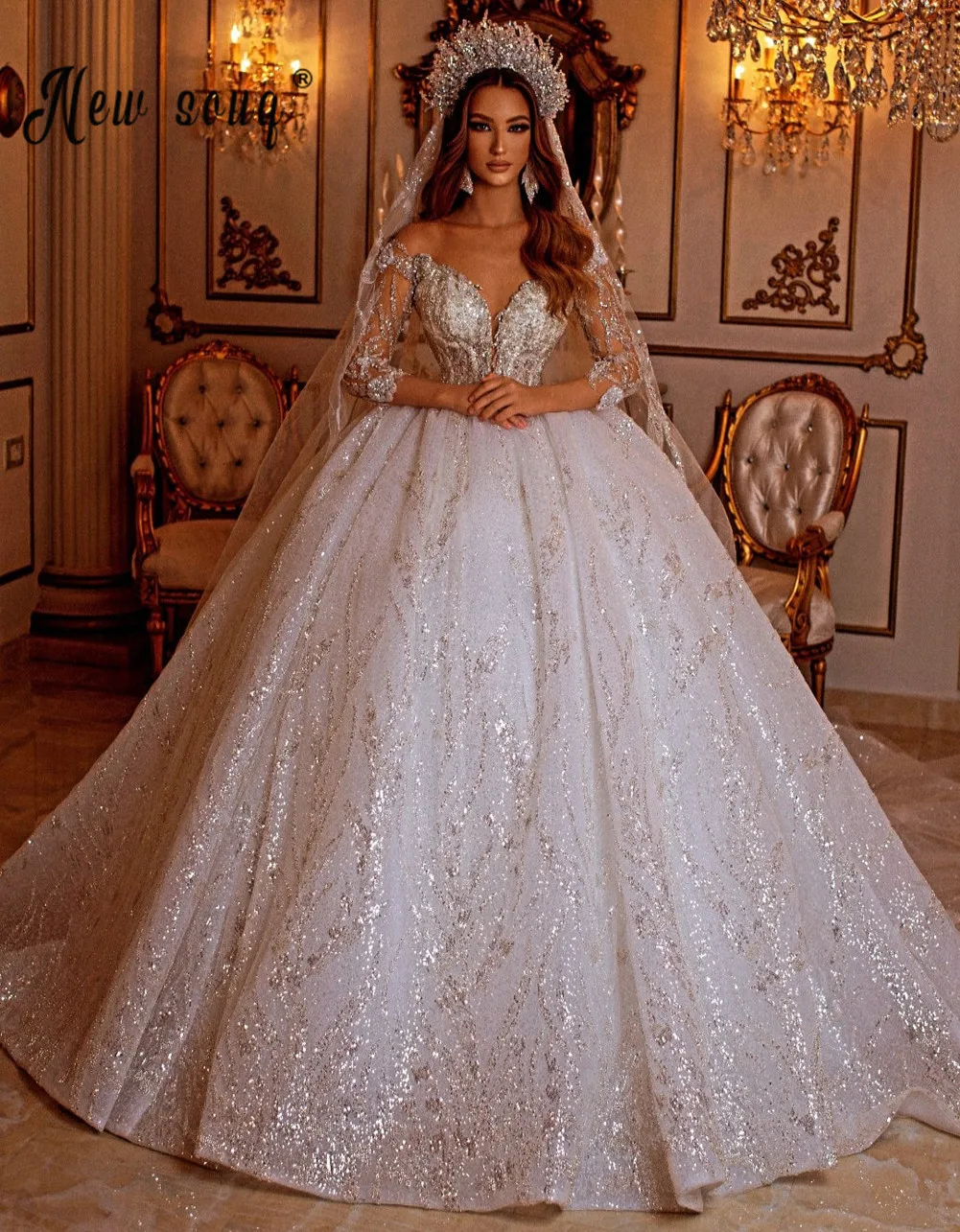 

Hot Luxury Long Sleeve Ball Gown Wedding Dress Off Shoulder Corset Beaded Lace Bridal Gown Vestido De Noiva Sparkly Wedding Robe