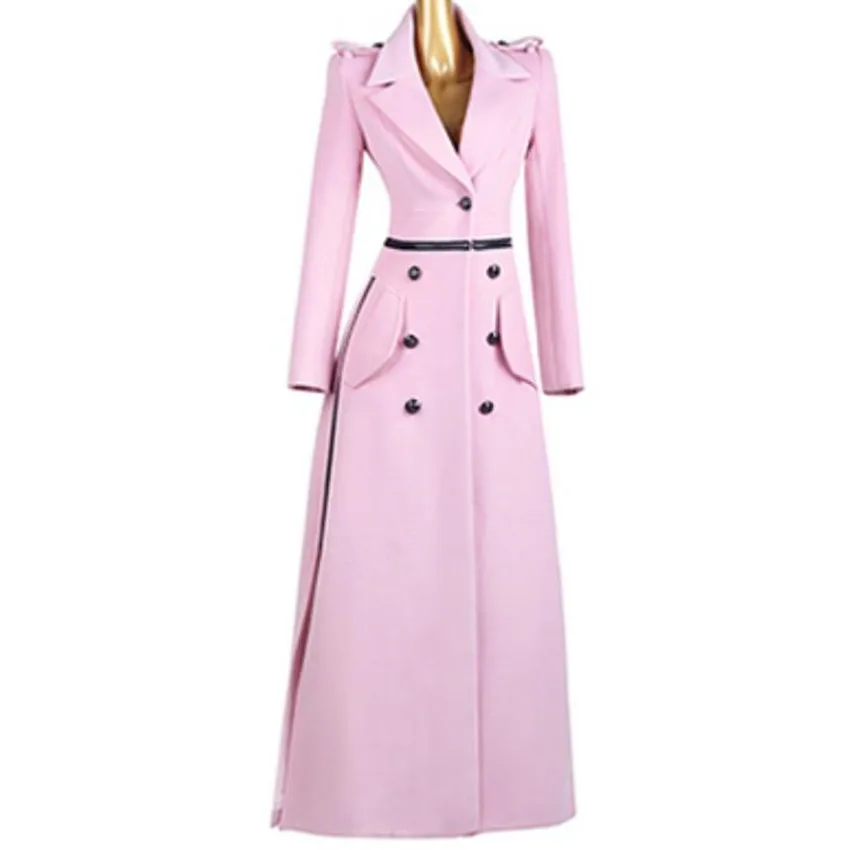 

Autumn winter x-long split pink woolen overcoat women slim cool double breasted wool blends outwear