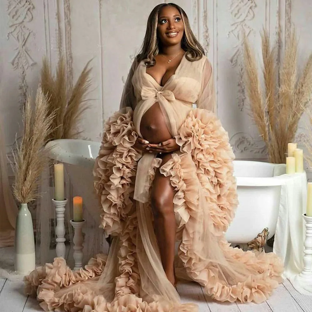 

Pregnant Women Champagne Prom Dresses Sexy V Neck Robes for Photo Shoot or Baby Shower Custom Made Maternity Tulle Fluffy Robe