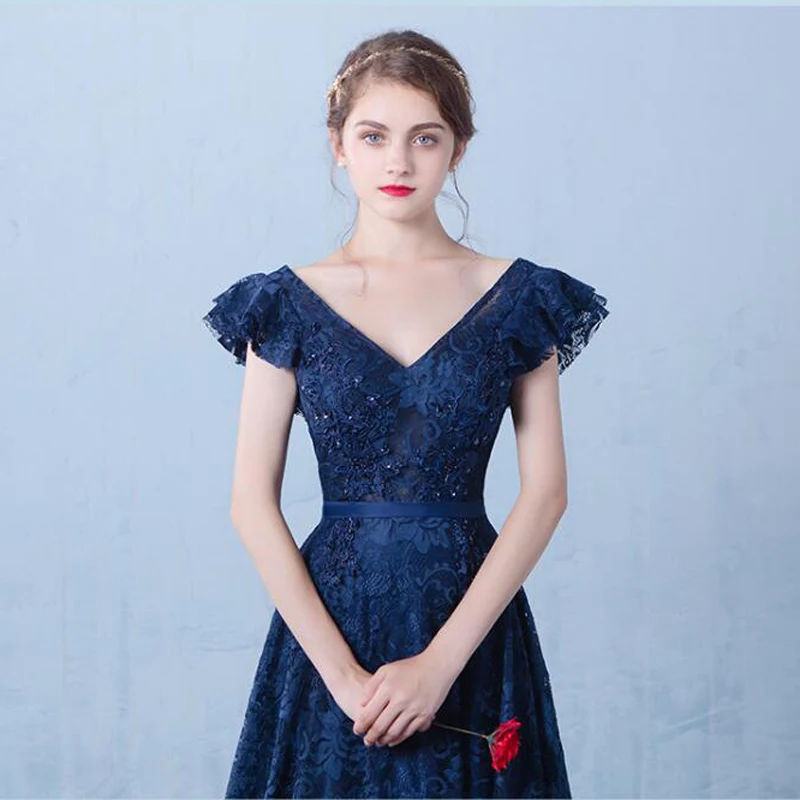 Neue Vintage Abendkleid Navy Blau Tüll Sexy V-ausschnitt A-Line Lange Prom Party Kleider