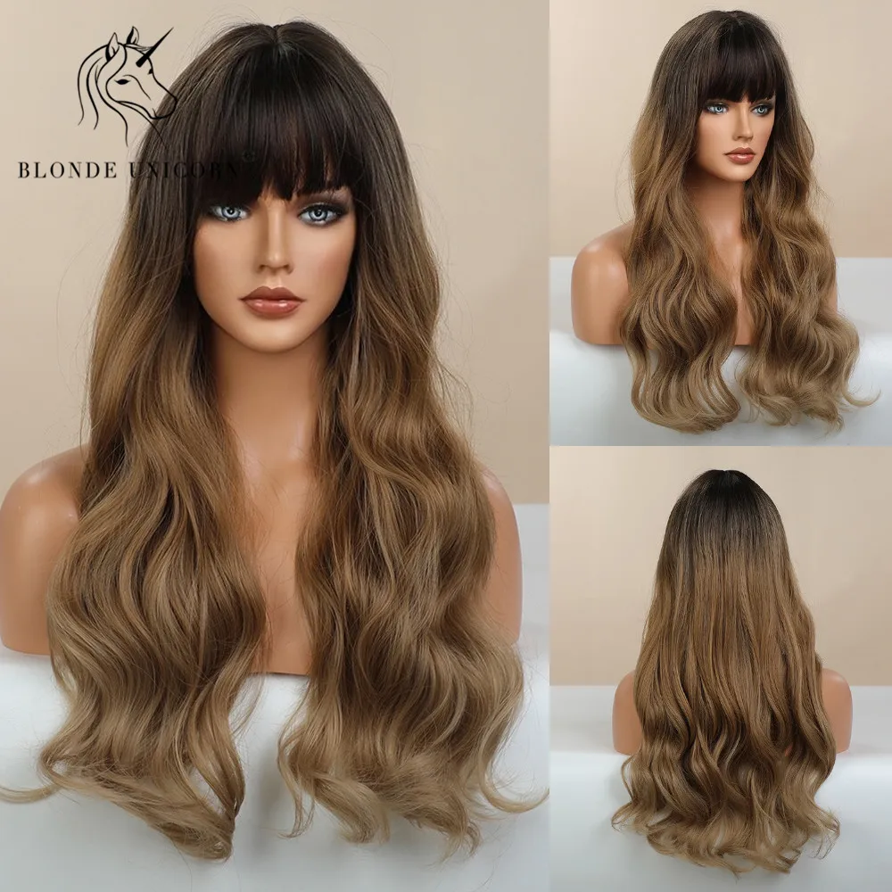 BLONDE UNICORN Long Wavy Synthetic Hair Wigs Light Blonde with Bangs For Black White Women Heat Resistant Fiber Daily Wig