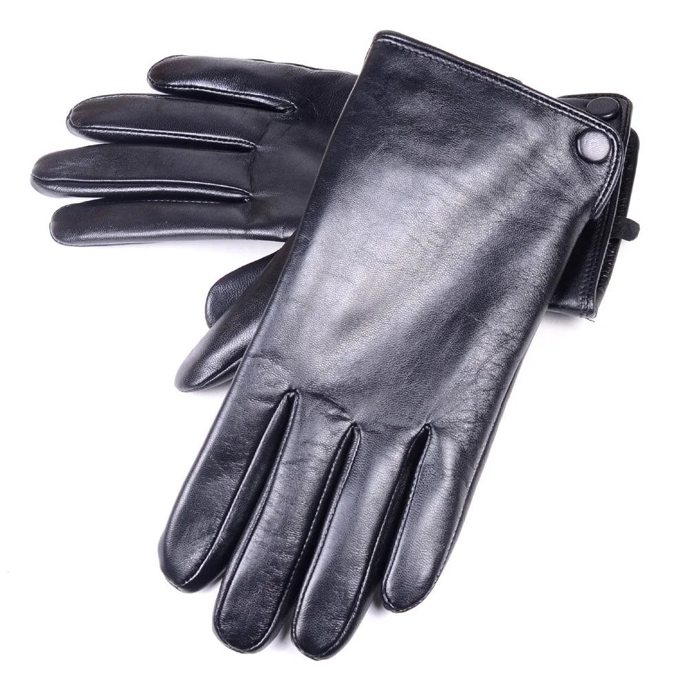 Men\'s Winter Warm Real Leather Classical Wrist Button Snap-fastener Black Touch Screen Casual Driving Short Gloves