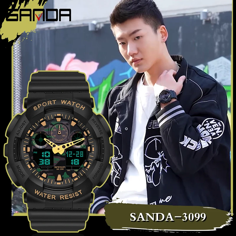 Top Brand Sanda Mens Women Watch Luxury Dual Dial Electronic Wristwatch Shockproof Waterproof Clock Led Light Watches New 2021