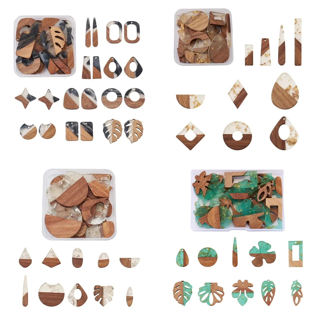 20Pcs Mix Natural Walnut Wood Resin Pendant Teardrop Leaf Geometric Charms For Earring Necklace DIY Craft Jewelry Making