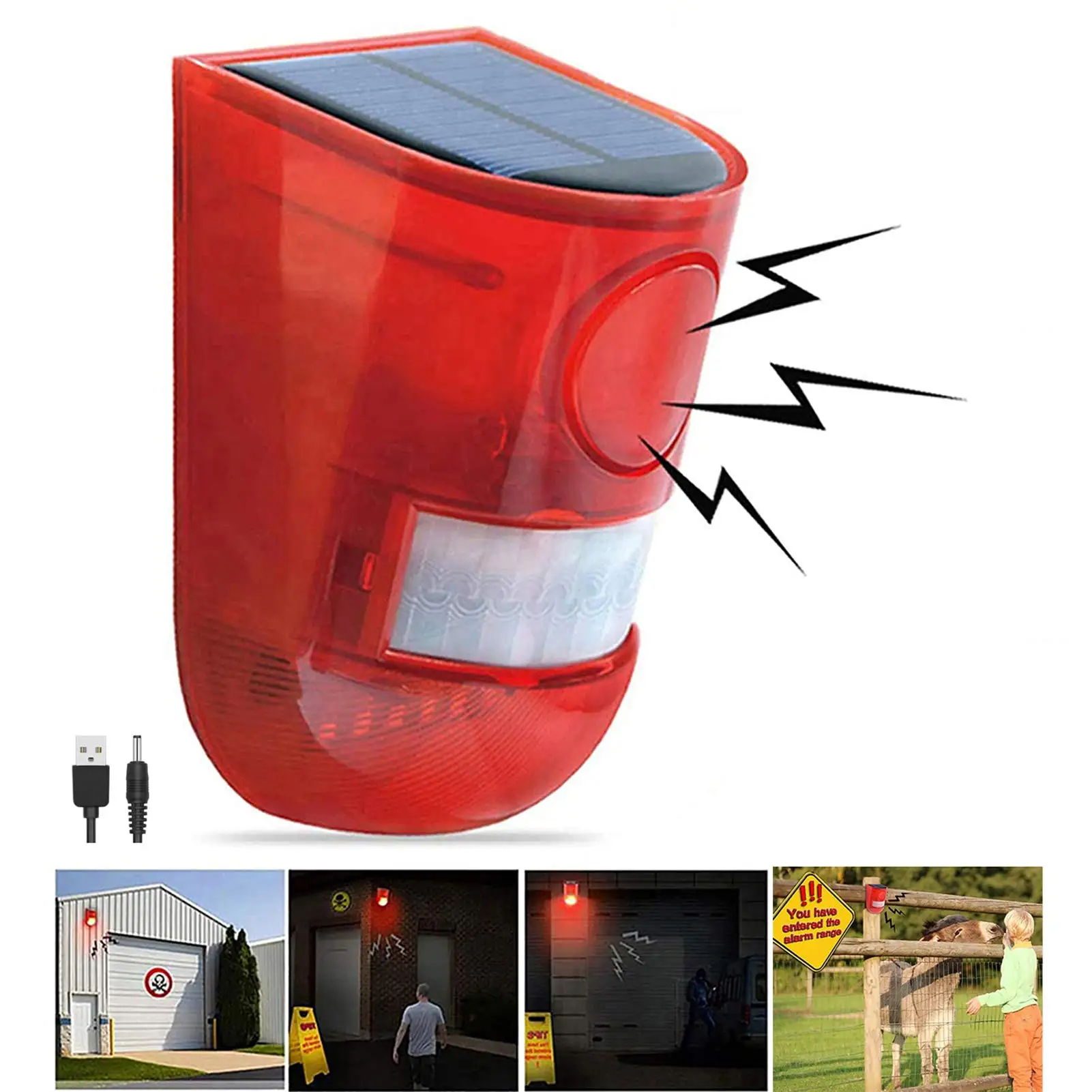 Alarma Solar de sonido y luz con Sensor de movimiento de 110 decibelios, sistema de alarma de seguridad estroboscópico con 6 luces Led parpadeantes