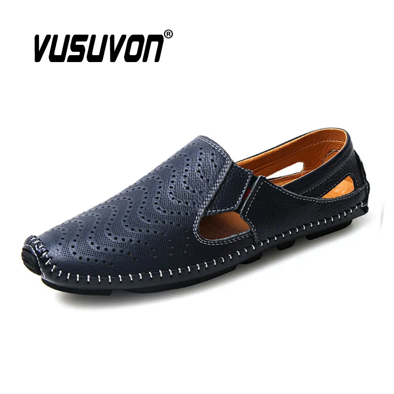 

Genuine Leather Men's Shoe Comfortable Outdoor Drive Casual Black White Summer Loafer Flats Big Size 38-47 2021 Fashion Sandals