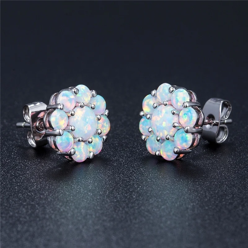 Fashion Women Jewelry Fire Opal Earrings Flowers Crystal Wedding Ear Stud For Women Birthday Gift Accessories