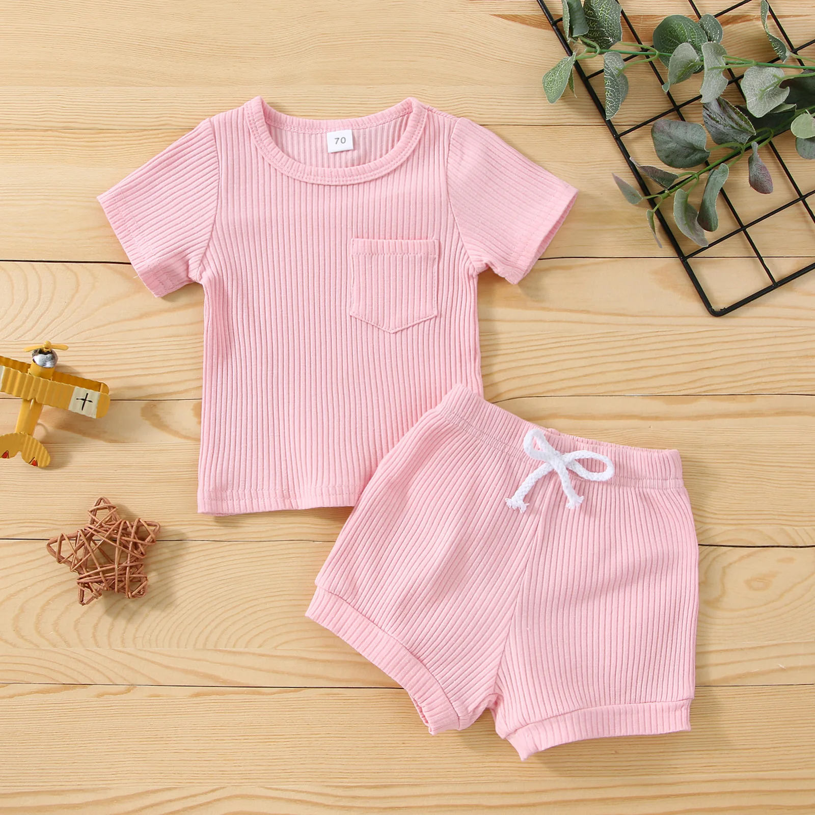 0-24 M Newborn Baby Clothes Summer Outfits Ribbed Knit Short Sleeve T-shirt + Drawstring Short Pant Solid Color Clothes Set