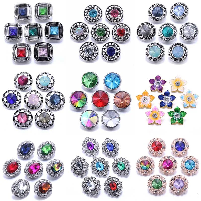 Boom Life 10pcs/lot Wholesale Snap Jewelry 18mm Snap Buttons Mix Rhinestone Metal Flower Snaps Buttons for Snap Bracelet Bangle