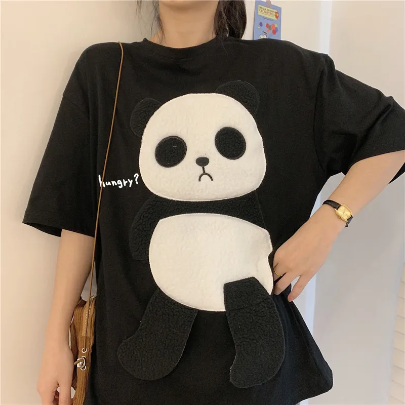 Summer Flocking Cartoon Panda Pattern Stitching T Shirts Women Kawaii Loose Top Girls Street Fashion Hip Hop Casual Top Tees