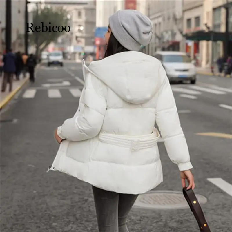 New Winter Women Jackets Fashion OL Parka Hooded Winter Jacket With Belt Loose Coat Women Button Down Jacket Ladies