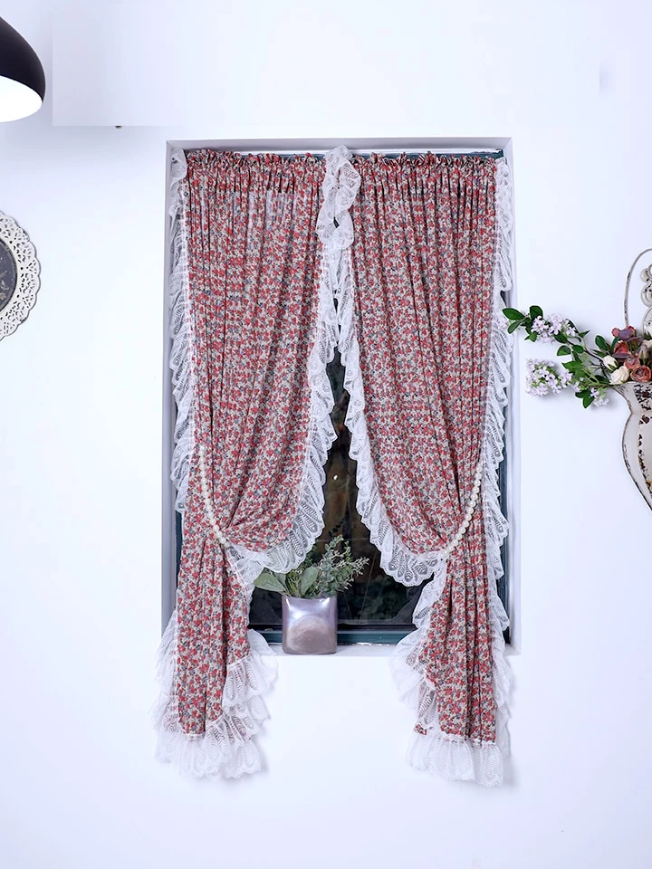 

Non perforated pastoral broken Flower Chiffon gauze curtain small kitchen window non perforated half curtain bathroom shade