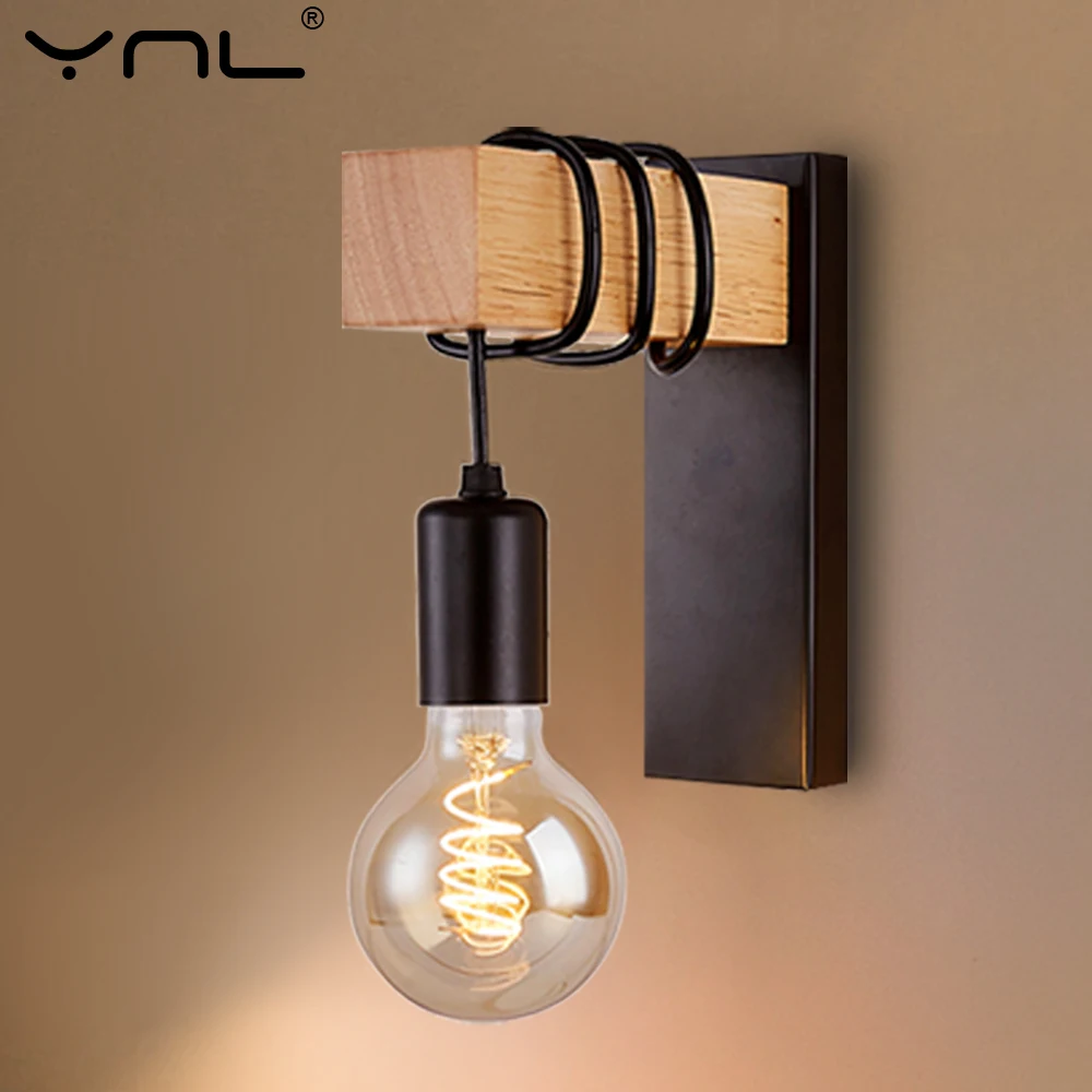 

Retro Iron Wood Wall Lamps E27 Bedside Sconce Wall Light Fixture For Home Decoration Dining Living Room Bedroom Indoor Lighting