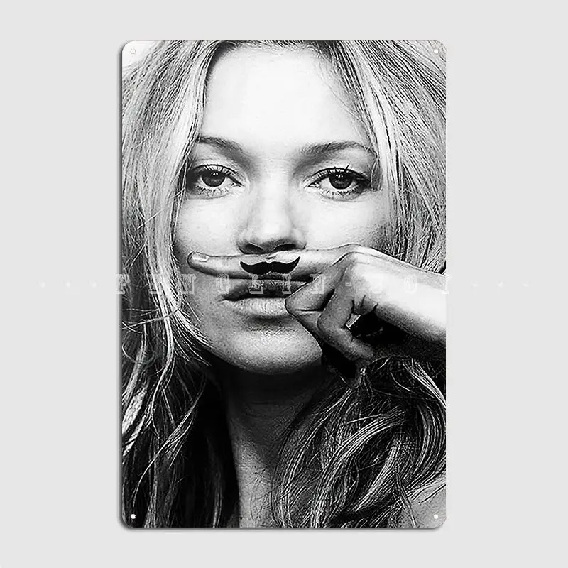 Kate Moss Mustache Black And White Photograph Poster Metal Plaque Club Garage Club Design Wall Decor Tin Sign Poster